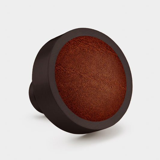 Brass & Brown Leather Round Door Knobs in Bronze