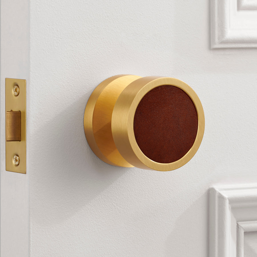 brass and leather mortice door knob in situ