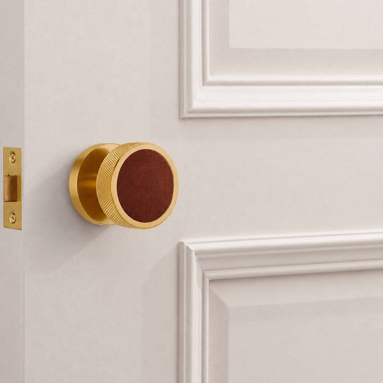 Brass & Leather Mortice Door Knobs in Gold