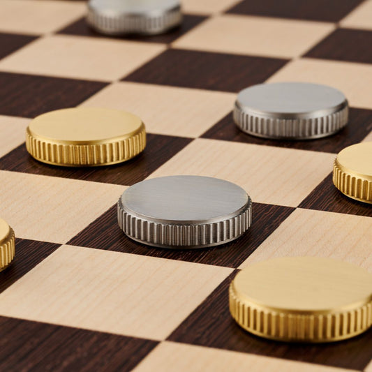 24 x Brass Draughts Pieces Set in Gold & Silver with Leather Base