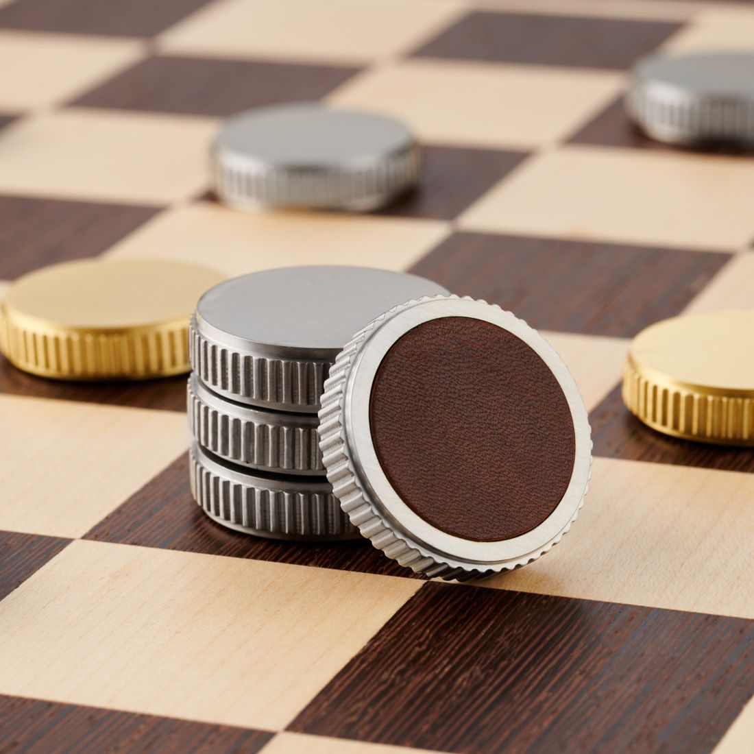 24 x Brass Draughts Pieces Set in Gold & Silver with Leather Base