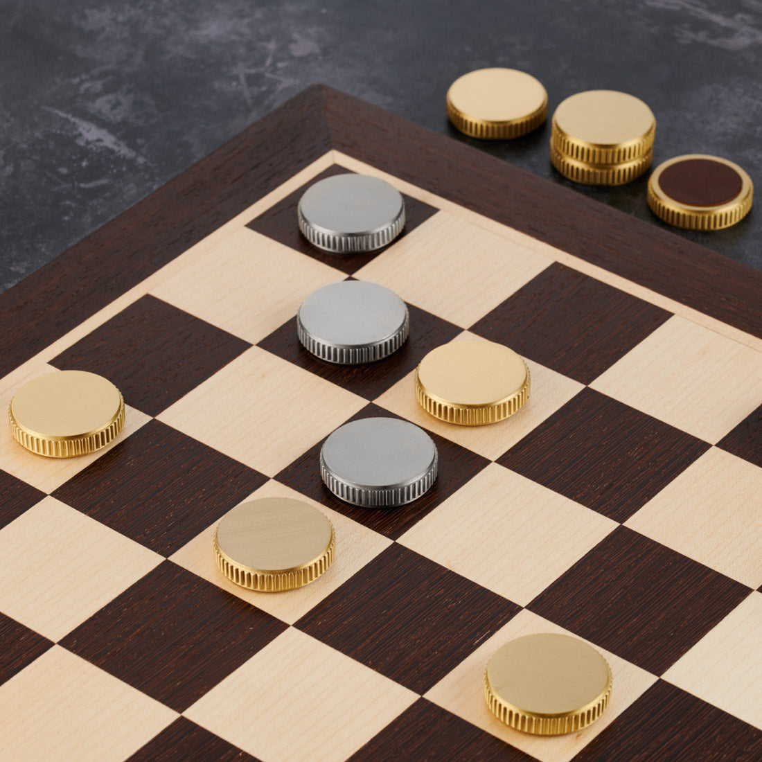 Sycamore and Mahogany Draughts Checkers Board - Solid Brass / Leather Pieces