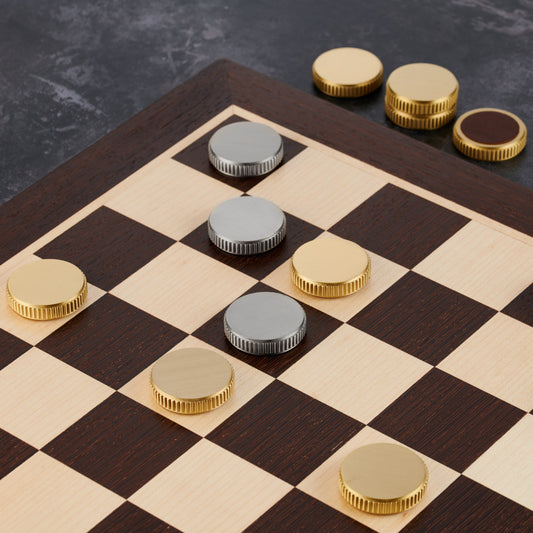 Sycamore and Mahogany Draughts Checkers Board - Solid Brass / Leather Pieces