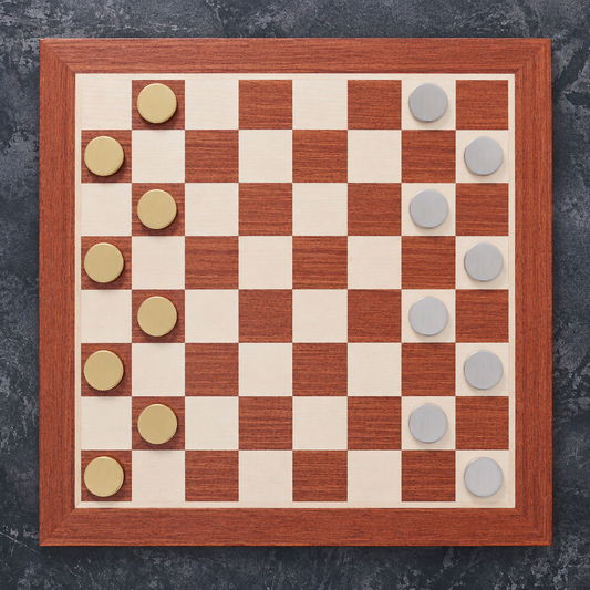 Sapele and Sycamore Draughts Checkers Board - Solid Brass / Leather Pieces
