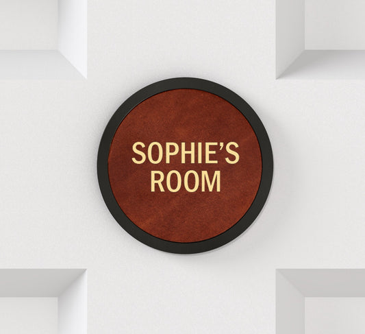 Personalised Name Brass & Leather Door Plaque in Black