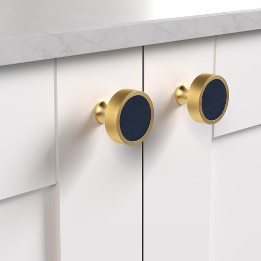 Brass & Blue Leather Round Door Knobs in Gold