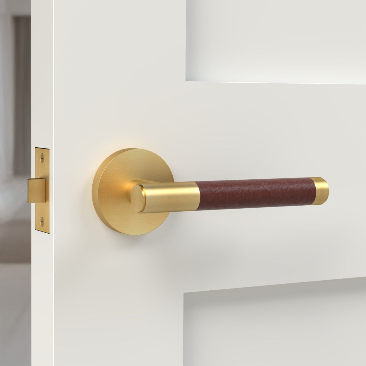 Brass Lever Door Handle in Gold & Brown Leather