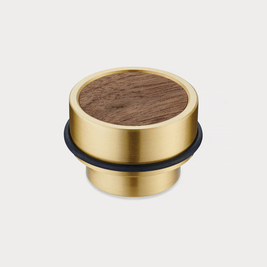 Brass & Walnut Wood Floor Mounted Door Stops in Gold