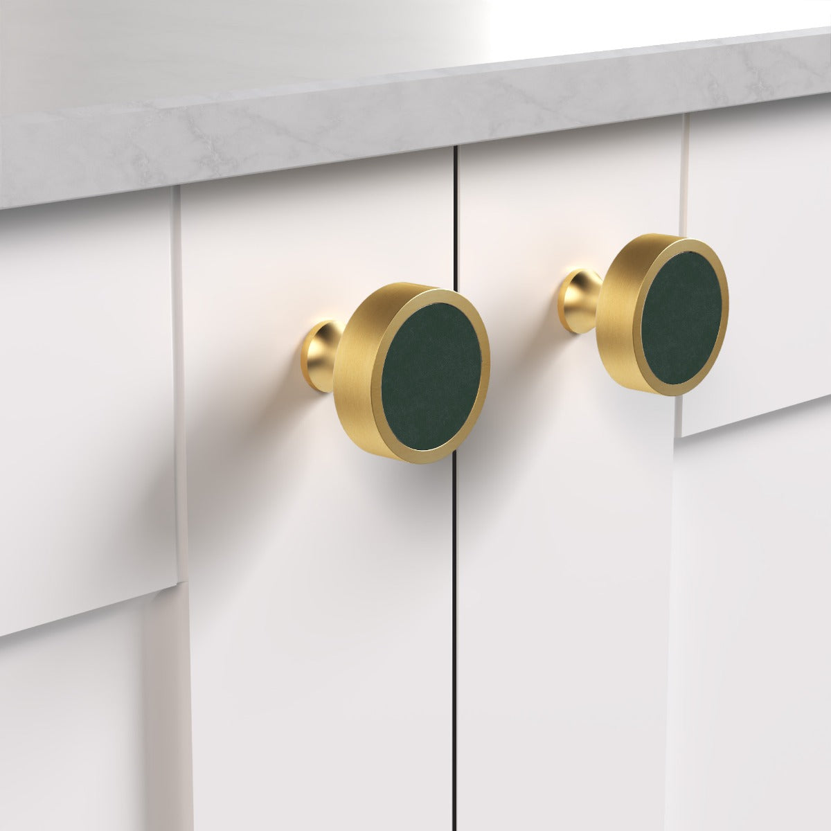 Brass & Green Leather Round Door Knobs in Gold