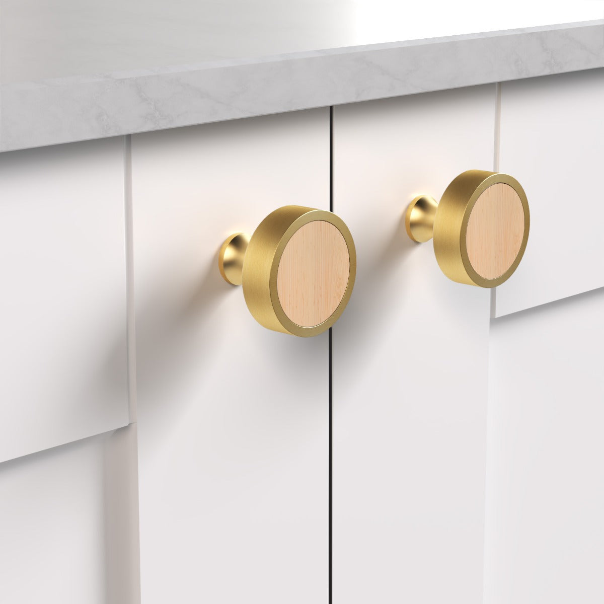 Brass & Maple Wood Round Door Knobs in Gold