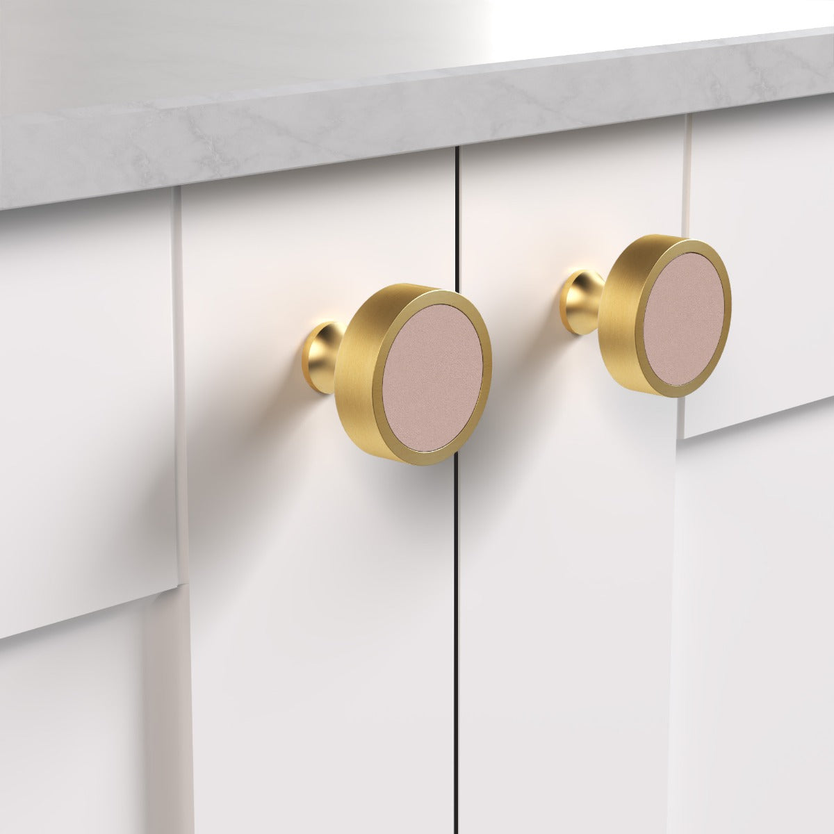 Brass & Pink Leather Round Door Knobs in Gold