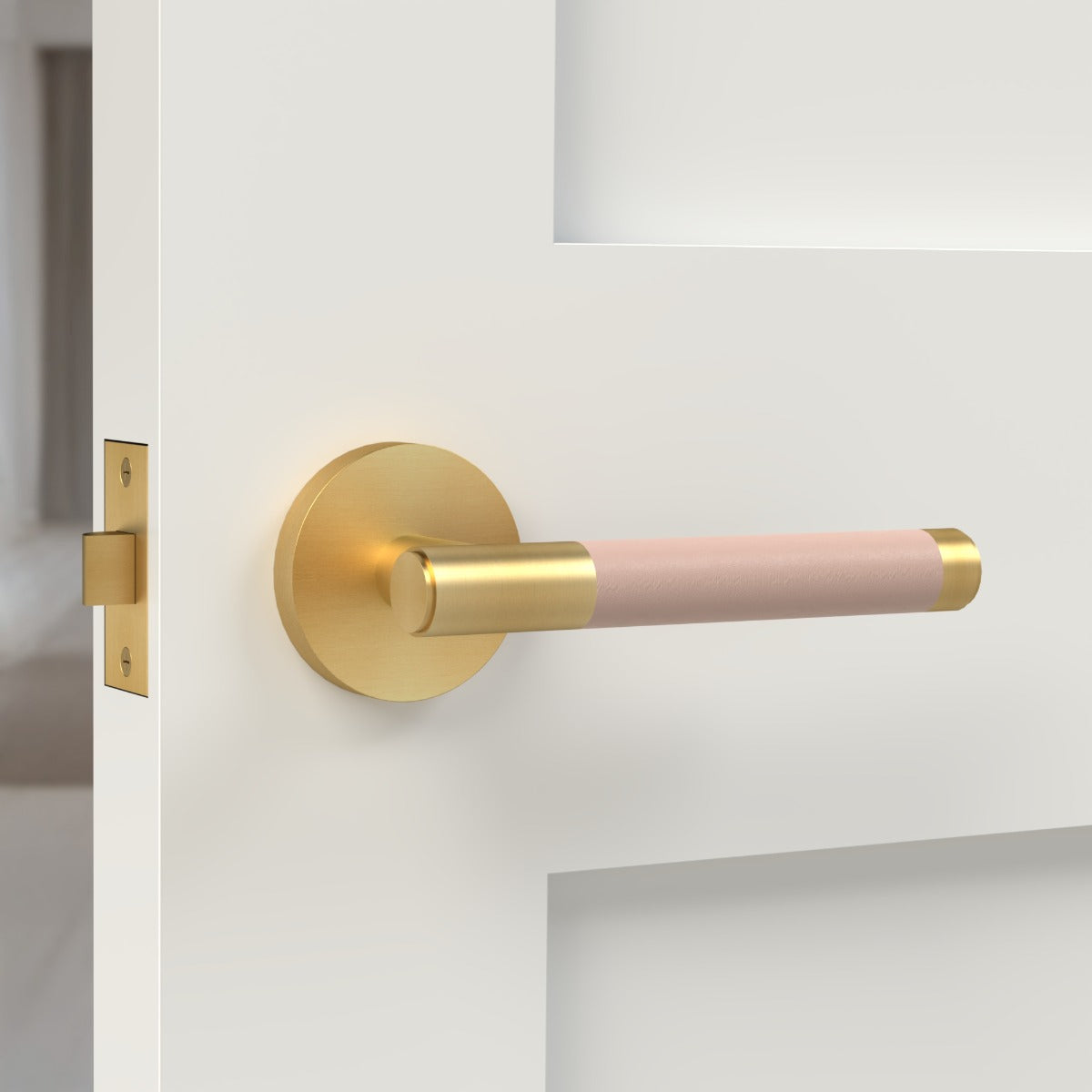 Brass Lever Door Handle in Gold & Pink Leather