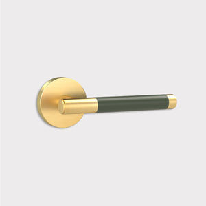 Brass Lever Door Handle in Gold & Green Leather