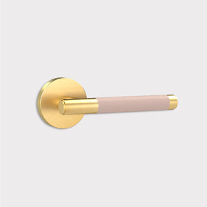 Brass Lever Door Handle in Gold & Pink Leather