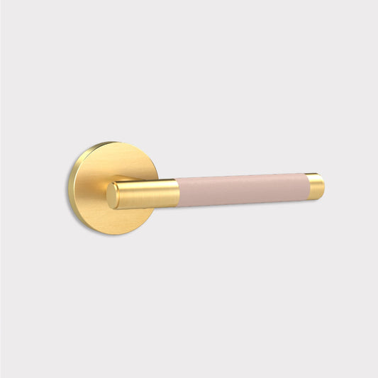 Brass Lever Door Handle in Gold & Pink Leather