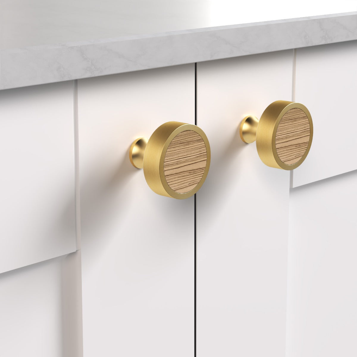 Brass & Zebrano Wood Round Door Knobs in Gold