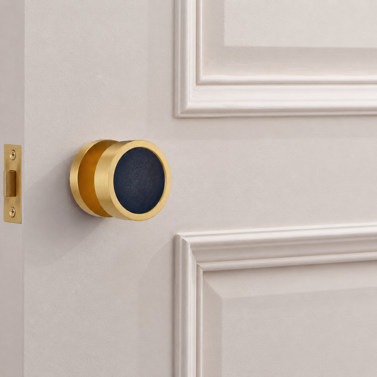 Brass & Leather Mortice Door Knobs in Gold