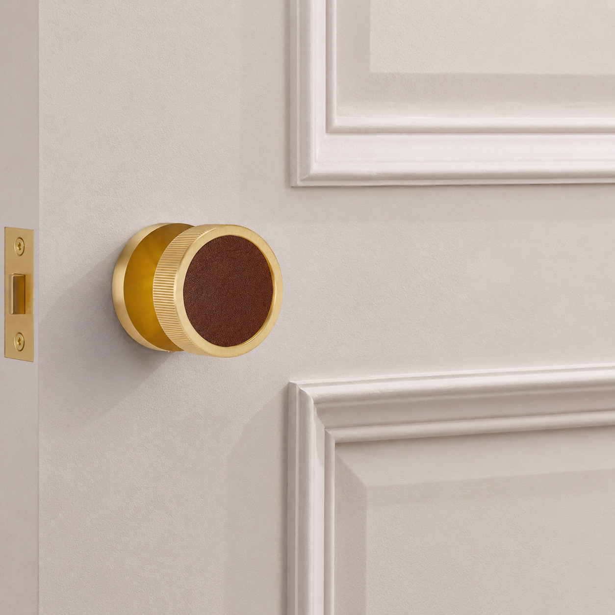 Brass & Leather Mortice Door Knobs in Gold