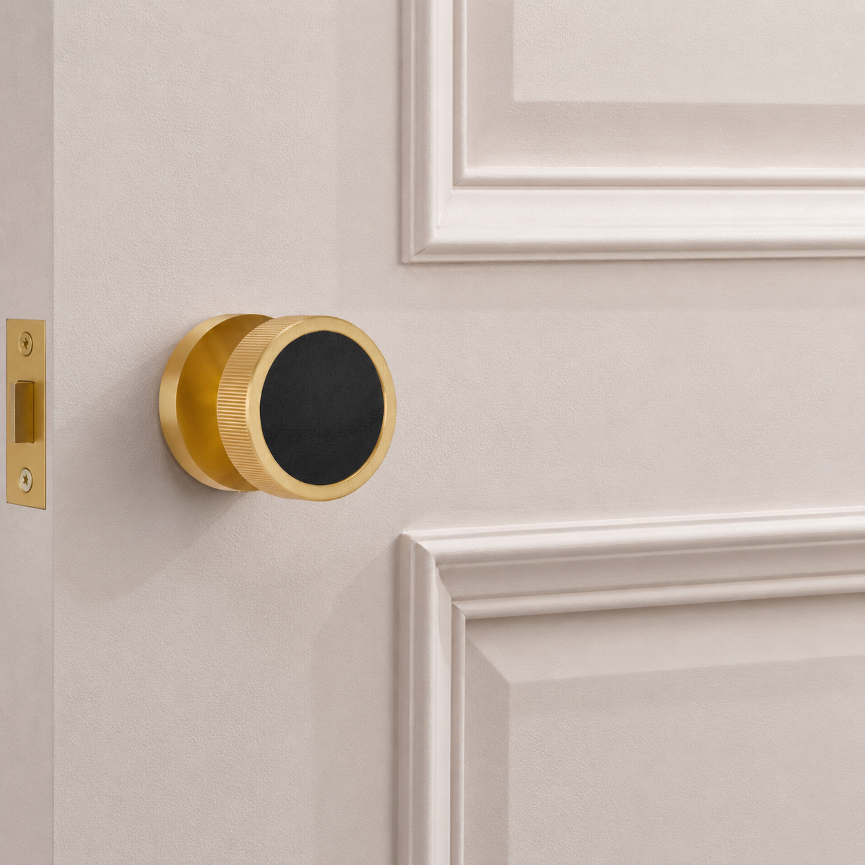 Brass & Leather Mortice Door Knobs in Gold