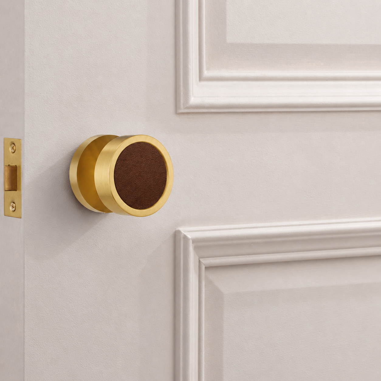 Brass & Leather Mortice Door Knobs in Gold