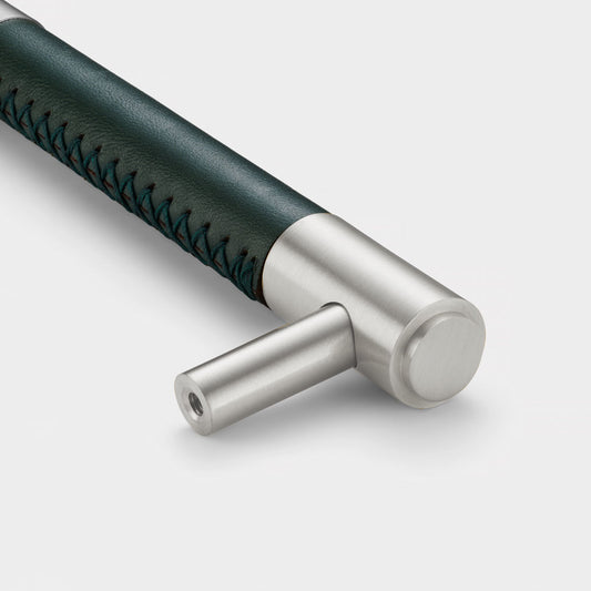 Brass & Green Leather Cabinet Handles in Silver