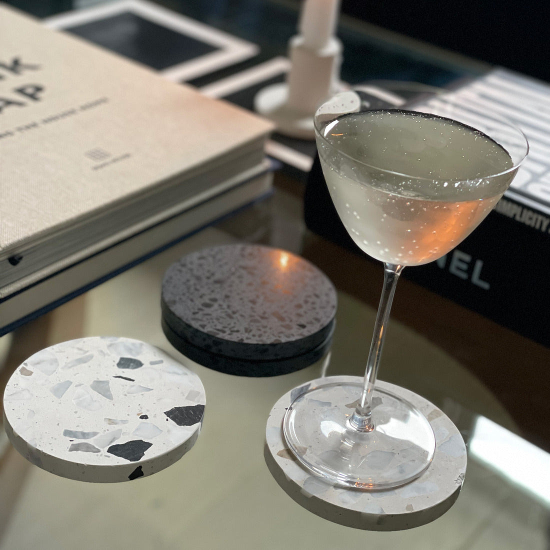 Terrazzo Round Drinks Coaster in Black & White