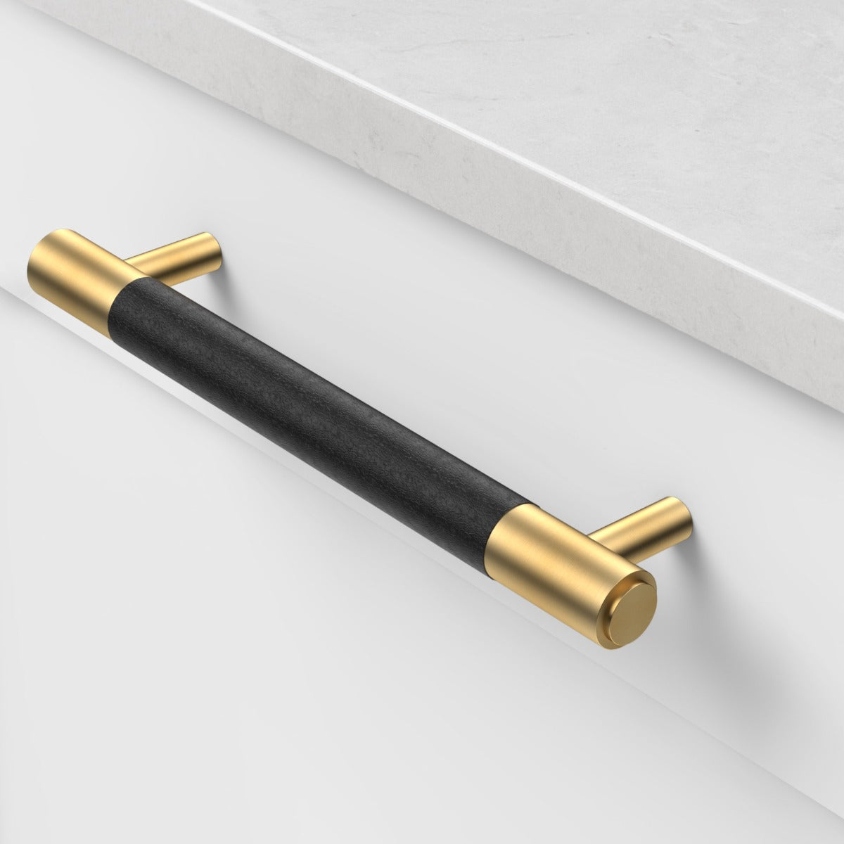 Brass & Black Leather Cabinet Handles in Gold