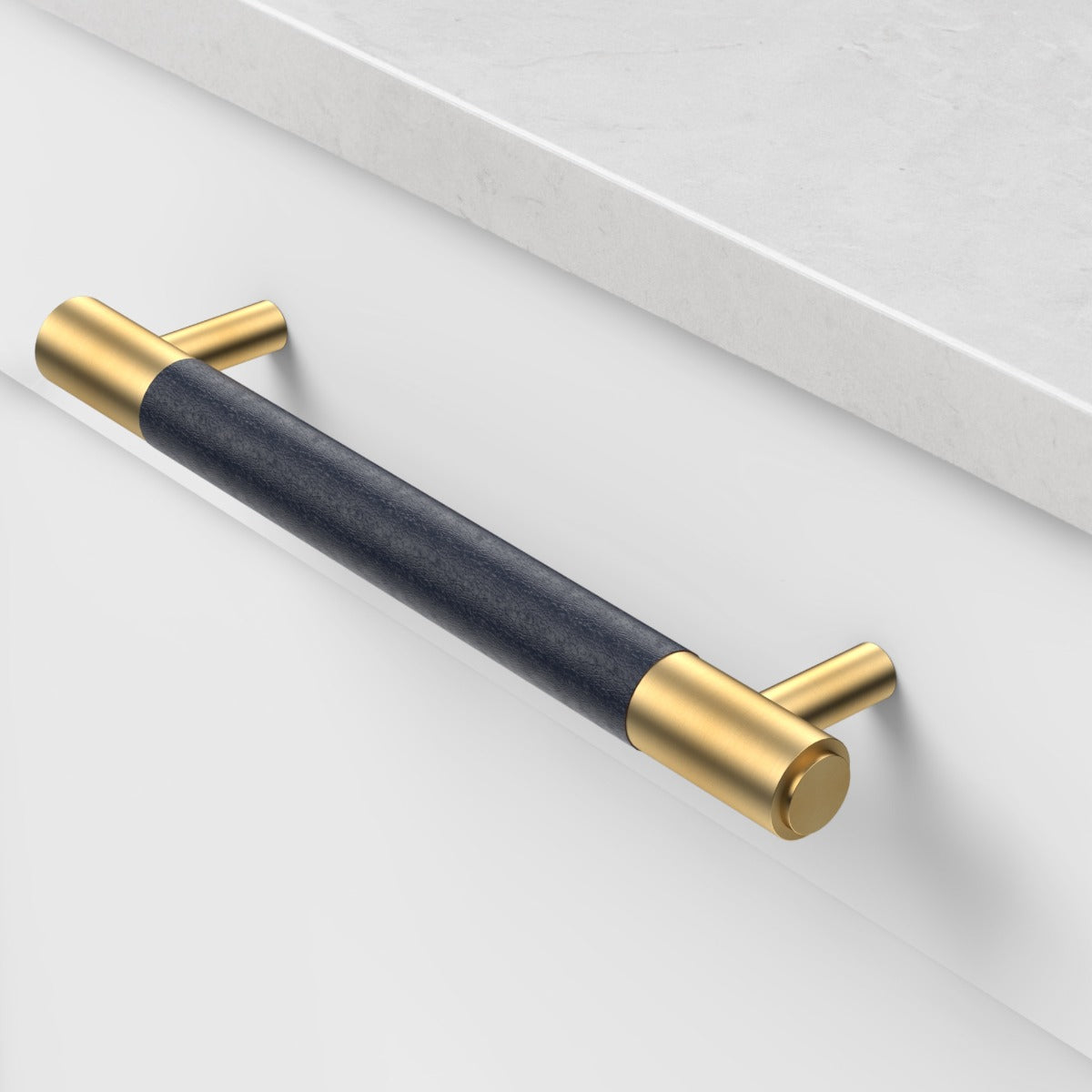 Brass & Blue Leather Cabinet Handles in Gold