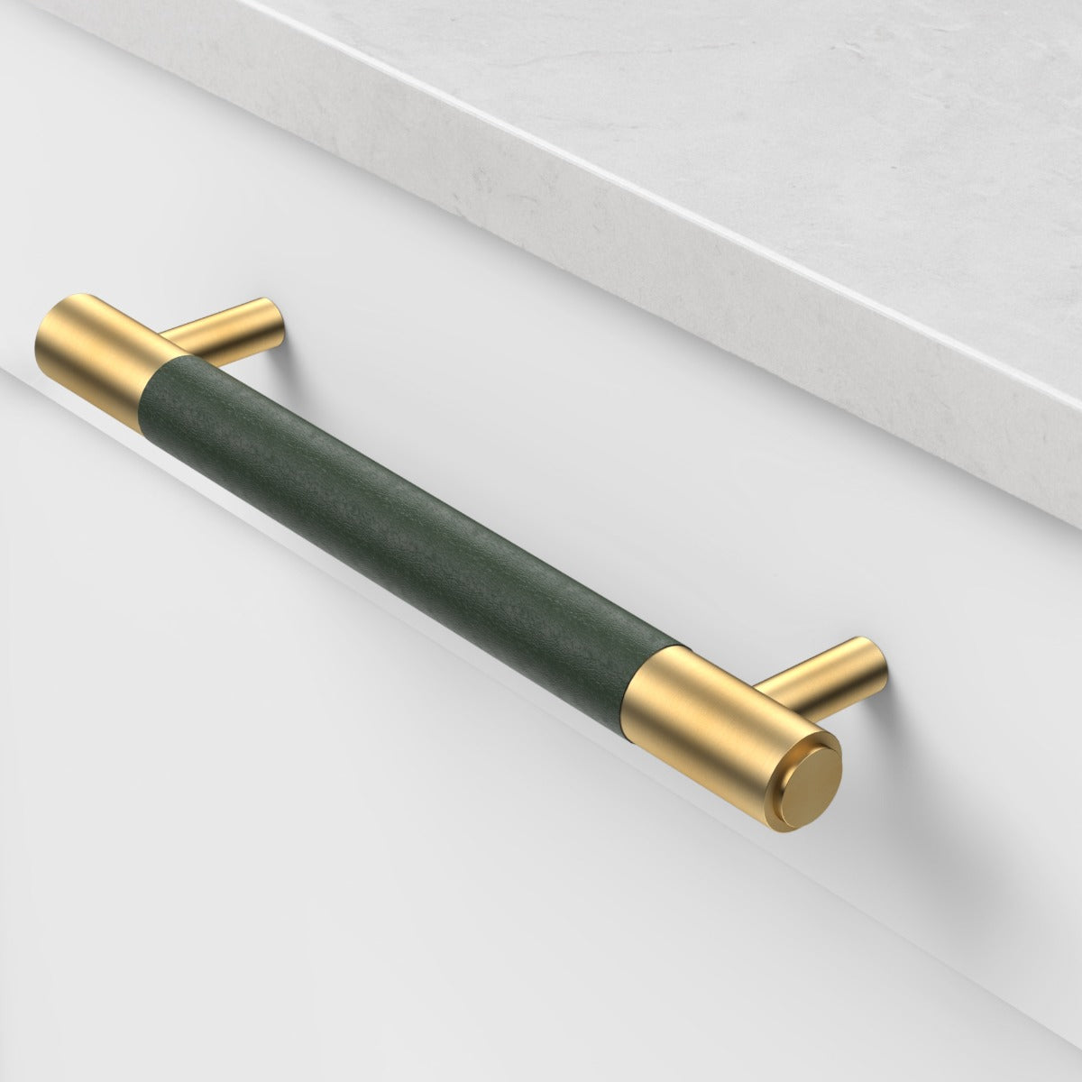 Brass & Green Leather Cabinet Handles in Gold