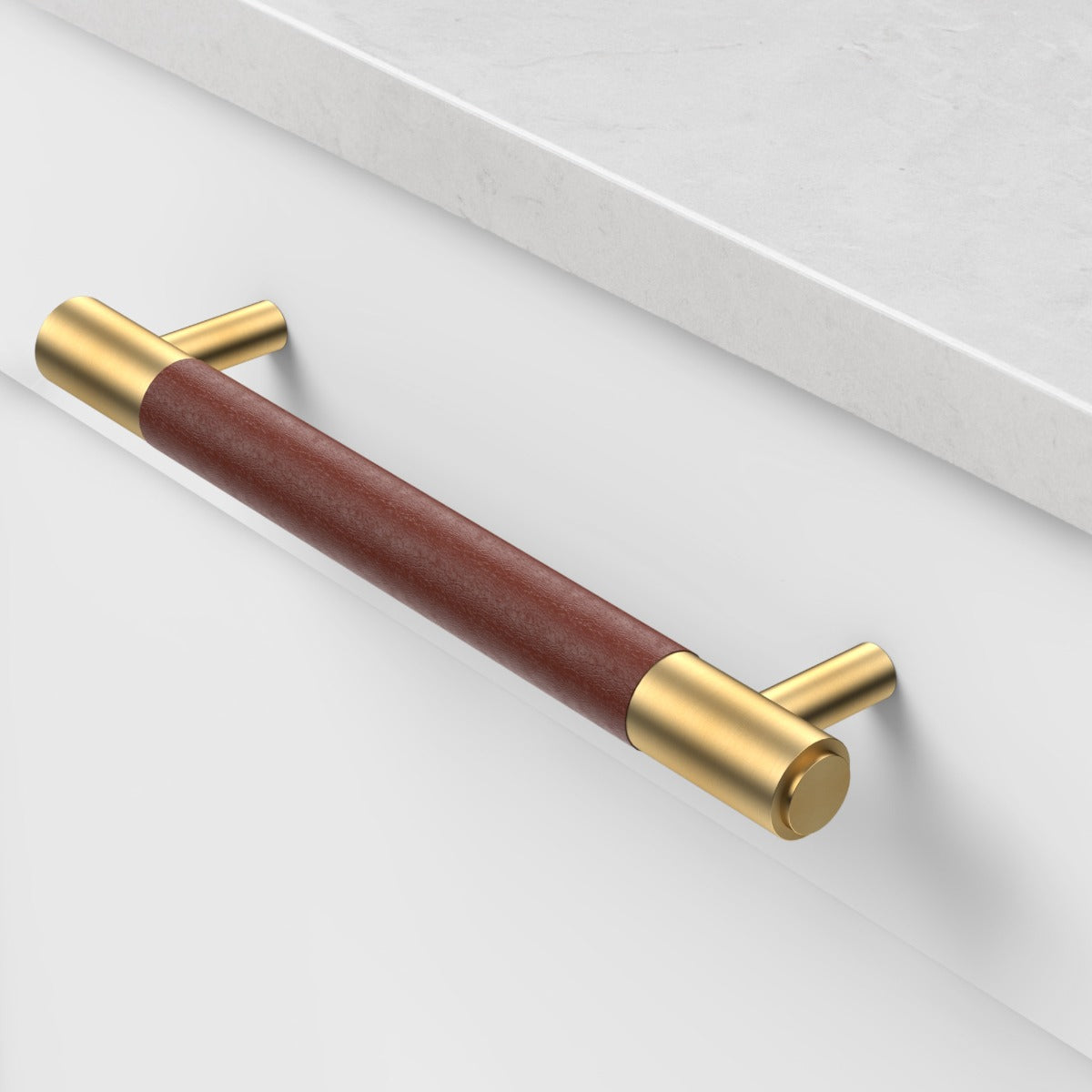 Brass & Brown Leather Cabinet Handles in Gold