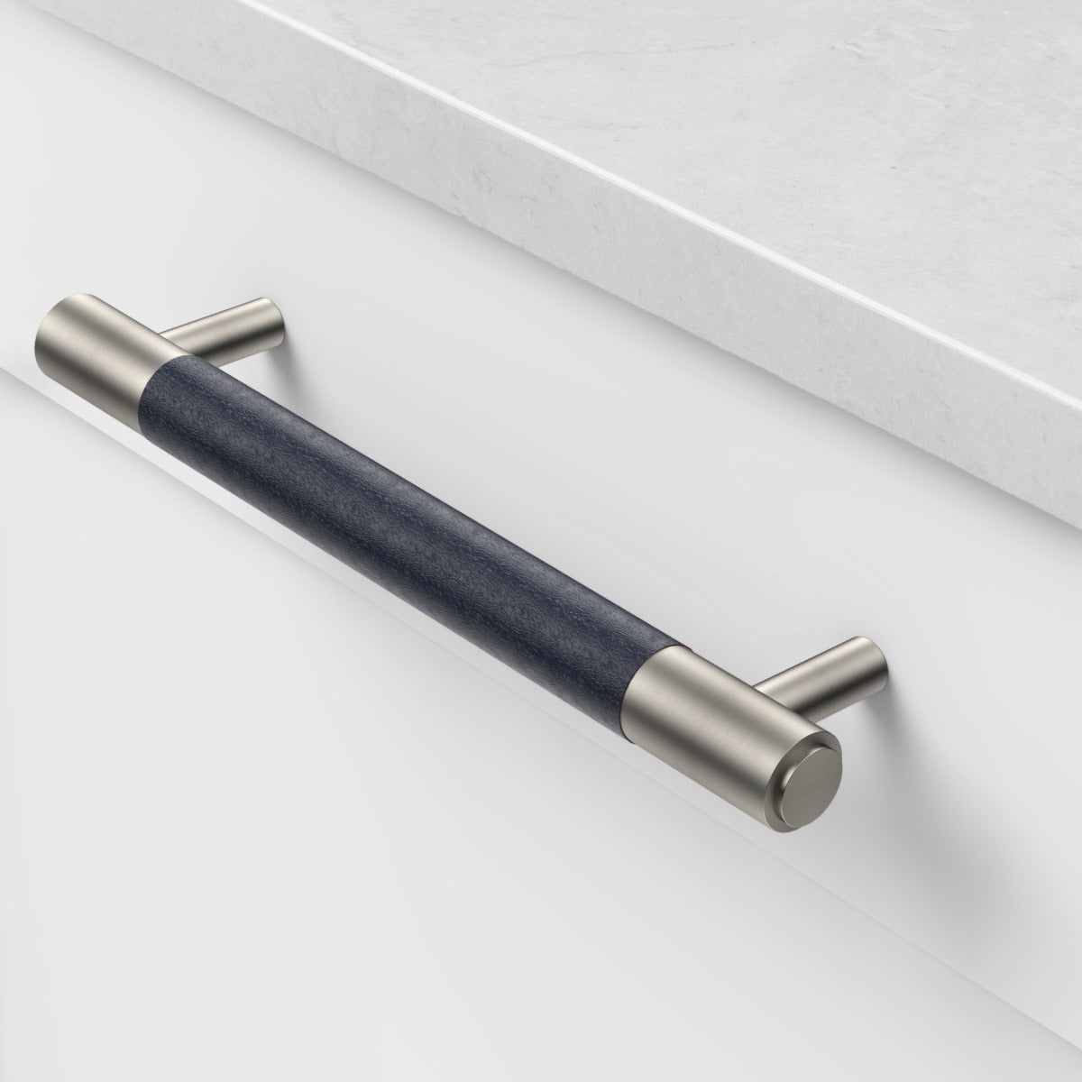 Brass & Blue Leather Cabinet Handles in Silver