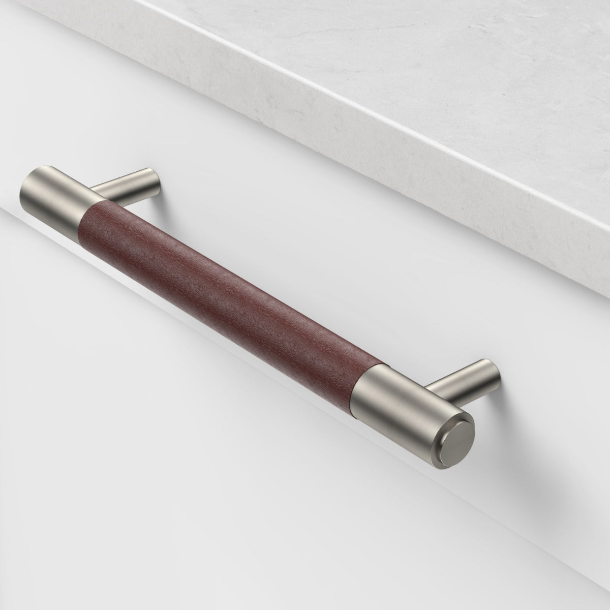 Brass & Brown Leather Cabinet Handles in Silver