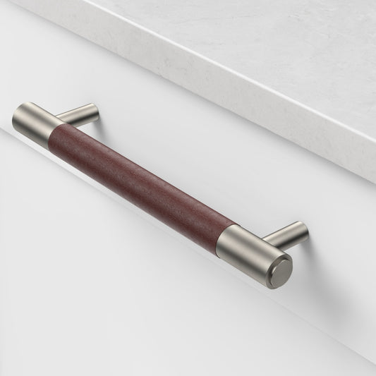 Brass & Brown Leather Cabinet Handles in Silver