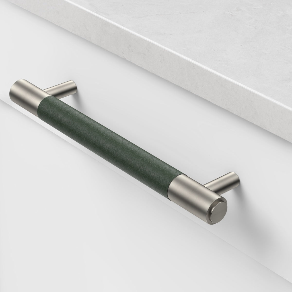 Brass & Green Leather Cabinet Handles in Silver
