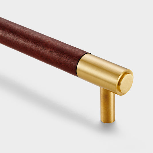 Brass & Brown Leather Cabinet Handles in Gold