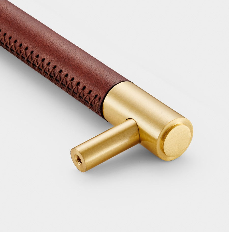 Brass & Brown Leather Cabinet Handles in Gold