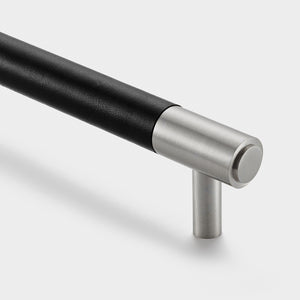Brass & Black Leather Cabinet Handles in Silver