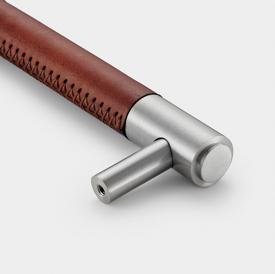 Brass & Brown Leather Cabinet Handles in Silver