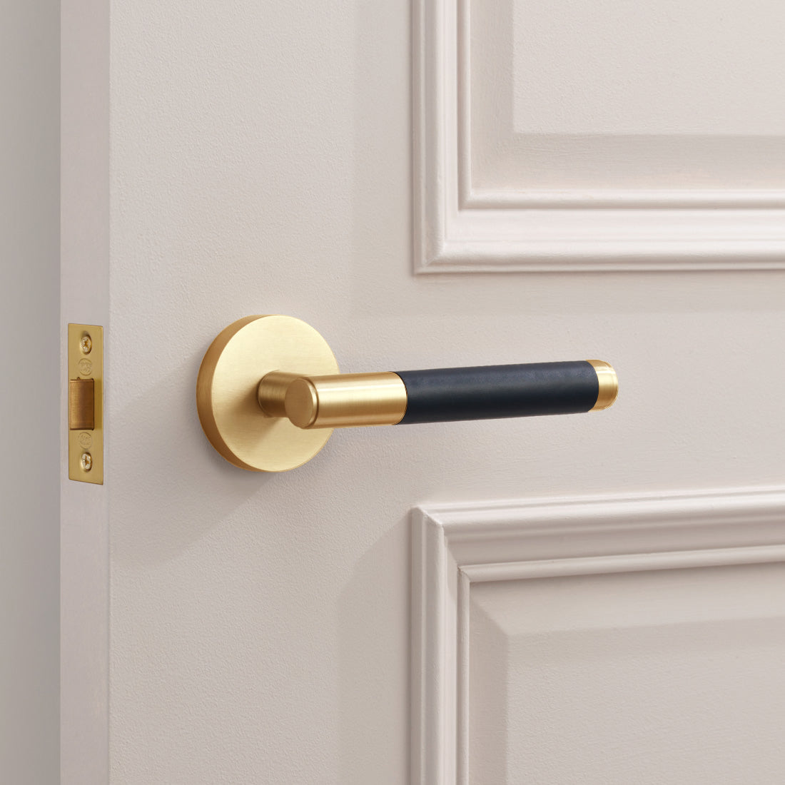 Brass Lever Door Handle in Gold & Blue Leather