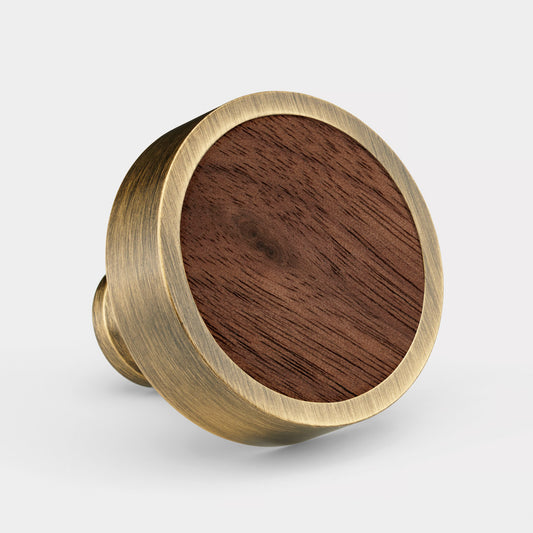 Brass & Walnut Wood Round Door Knobs in Antique