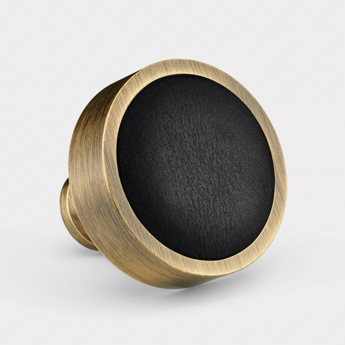 Brass & Black Leather Round Door Knobs in Antique