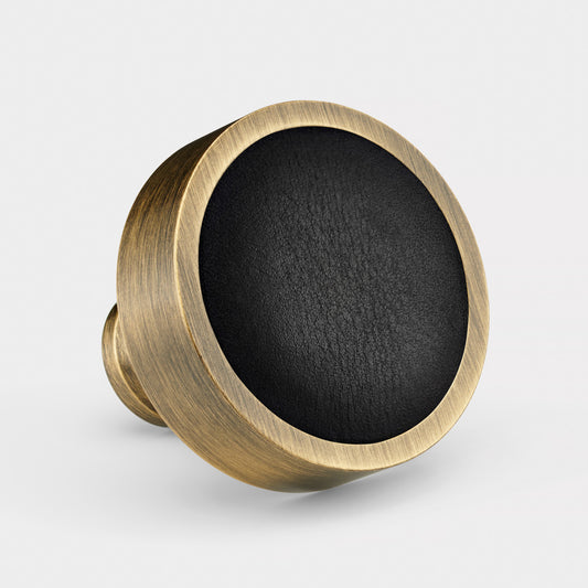 Brass & Black Leather Round Door Knobs in Antique