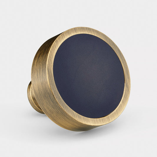 Brass & Blue Leather Round Door Knobs in Antique