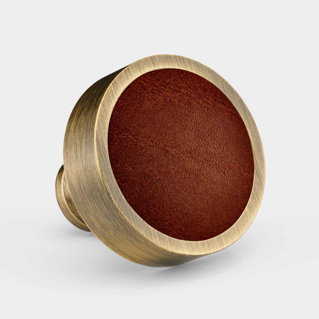 Brass & Brown Leather Round Door Knobs in Antique