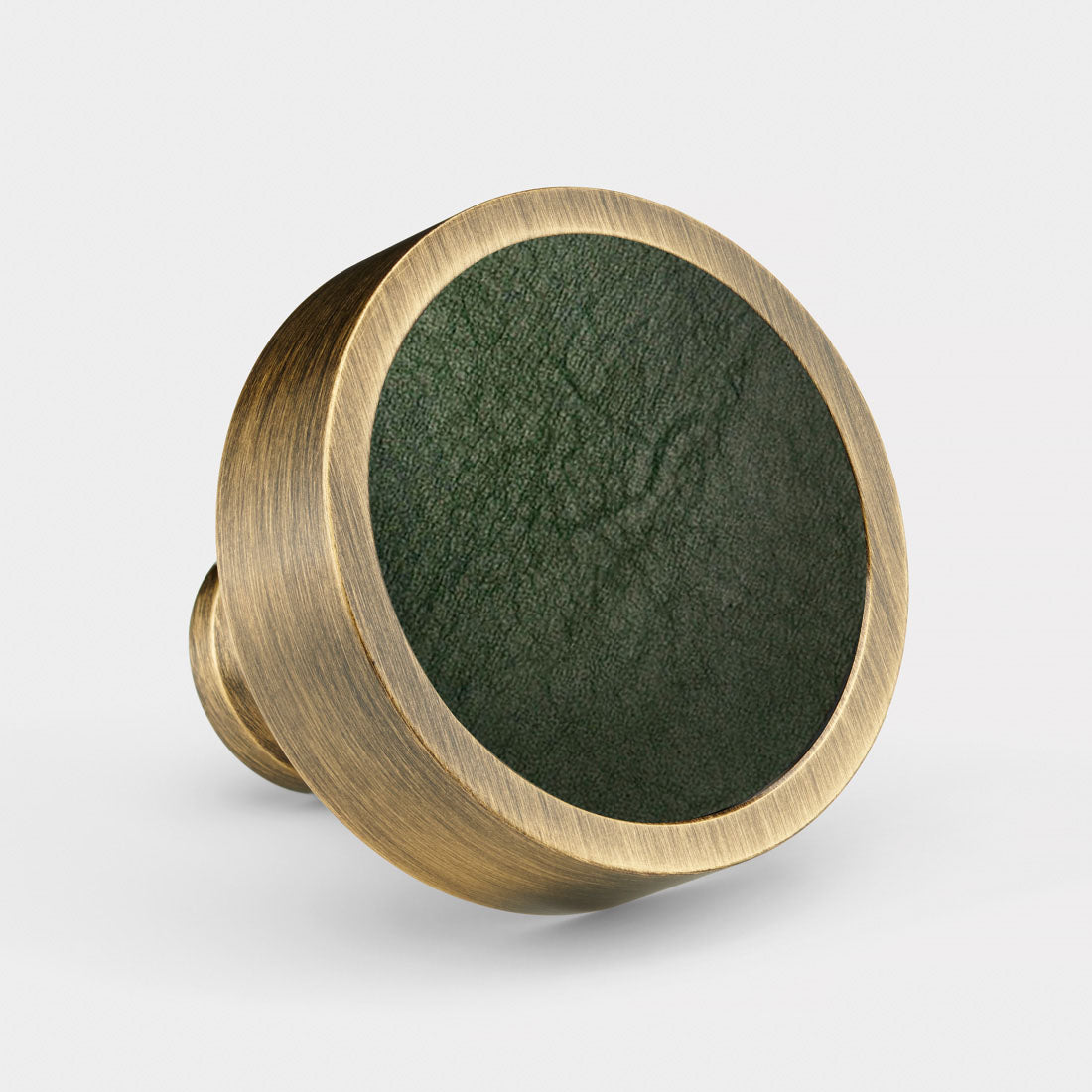 Brass & Green Leather Round Door Knobs in Antique