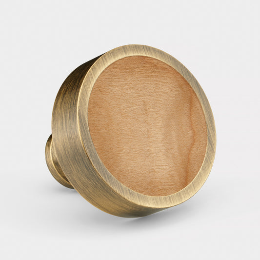 Brass & Maple Wood Round Door Knobs in Antique