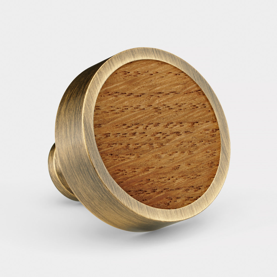 Brass & Oak Wood Round Door Knobs in Antique