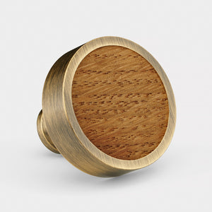 Brass & Oak Wood Round Door Knobs in Antique
