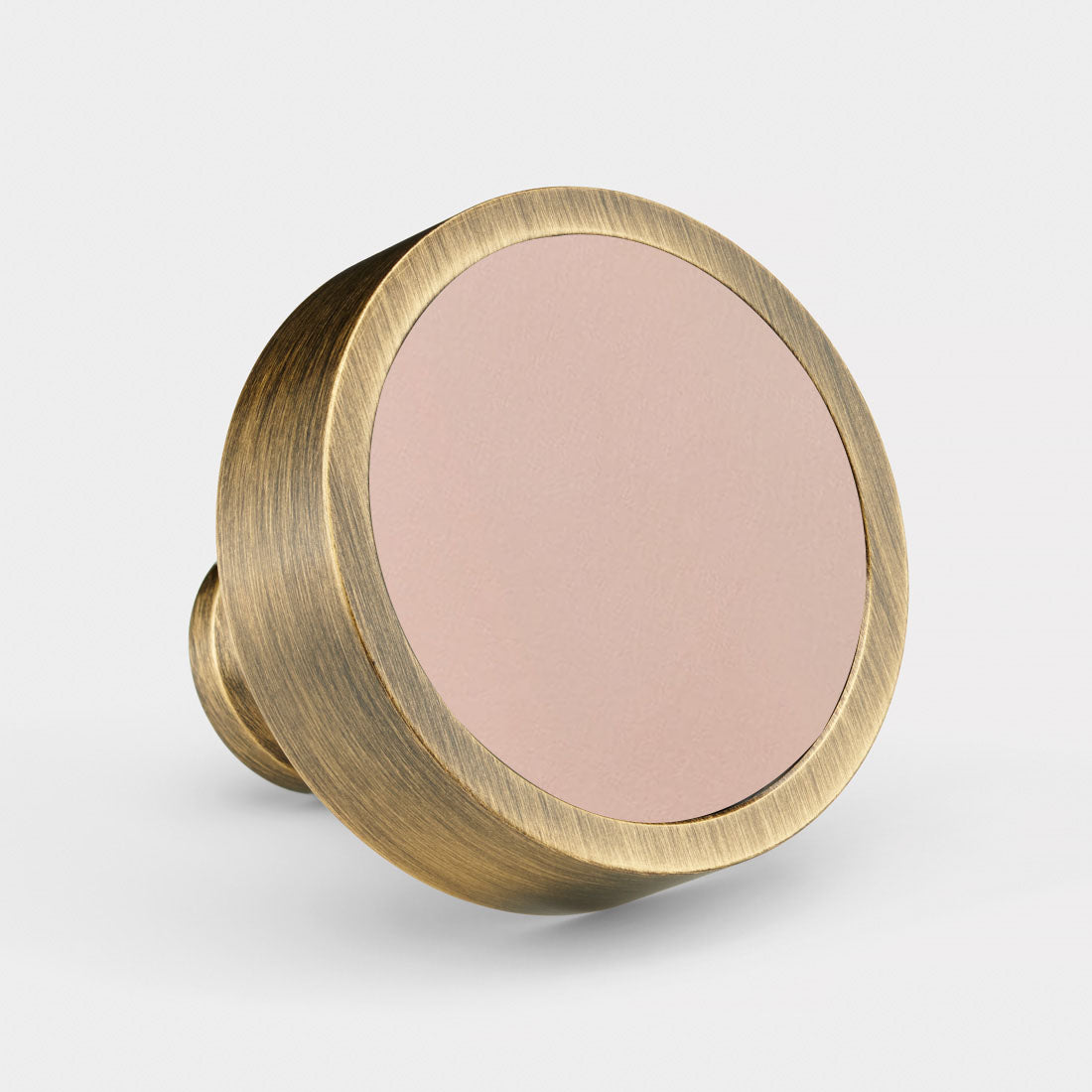 Brass & Pink Leather Round Door Knobs in Antique