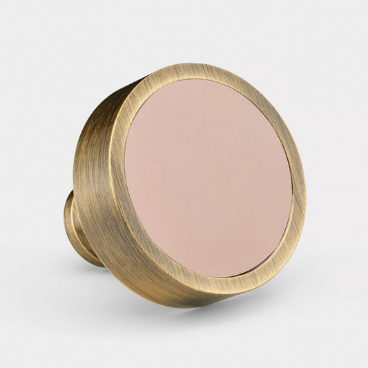 Brass & Pink Leather Round Door Knobs in Antique
